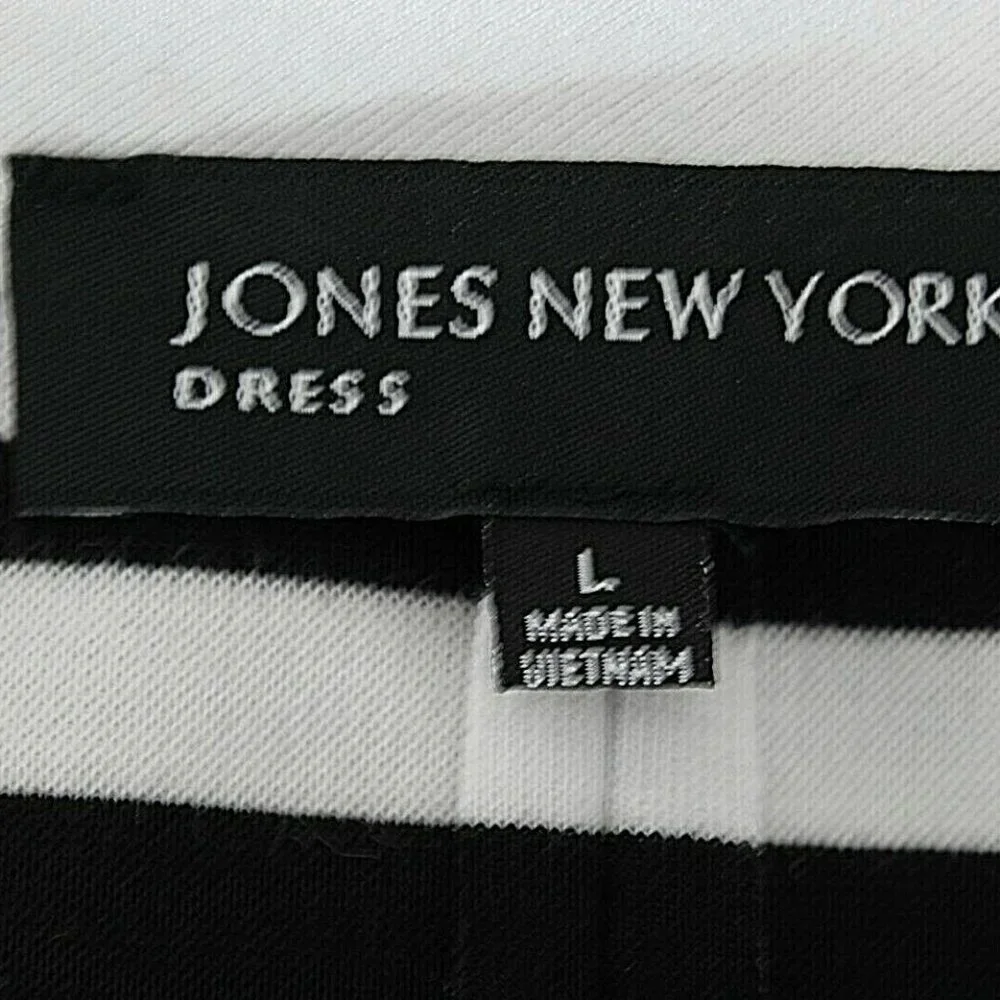 Jones New York Sz L Black Blue White Stripe Polyester Blend Dress - Picture 6 of 6